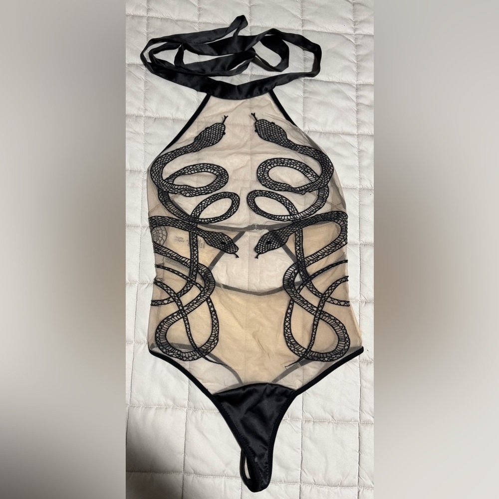 Thistle and Spire Sheer Nude Bodysuit with Black Snake Embroidery